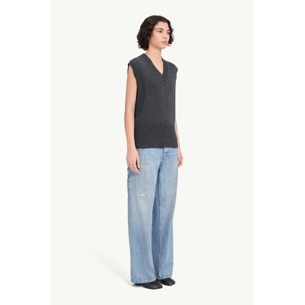 MM6 Maison Margiela Merino Wool Knitted Gilet in Dark Grey, view 3 | Sweaters | Coveti