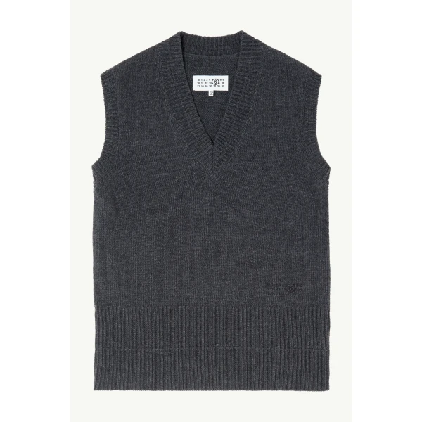 MM6 Maison Margiela Merino Wool Knitted Gilet in Dark Grey, view 6 | Sweaters | Coveti