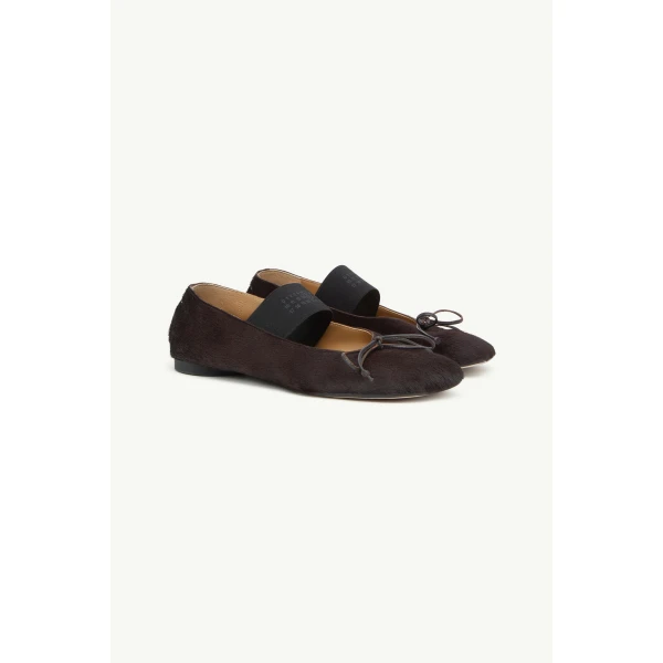 MM6 Maison Margiela Numeric Elastic Ballerinas in Ponyhair in Tapenade, view 3 | Flats | Coveti