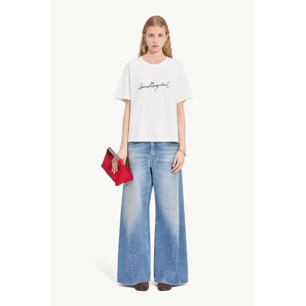 MM6 Maison Margiela Overdyed Handwritten-Print T-Shirt in White, view 2 | T-shirts | Coveti