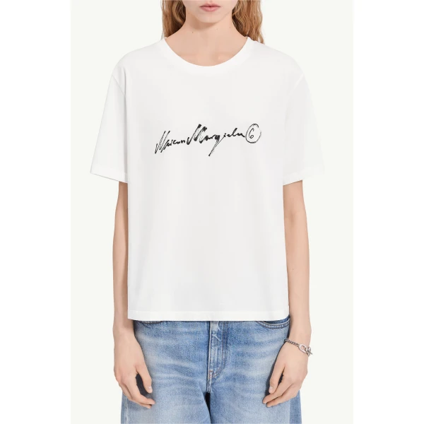MM6 Maison Margiela Overdyed Handwritten-Print T-Shirt in White, view 5 | T-shirts | Coveti