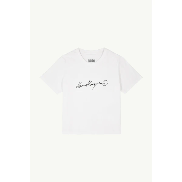 MM6 Maison Margiela Overdyed Handwritten-Print T-Shirt in White, view 6 | T-shirts | Coveti