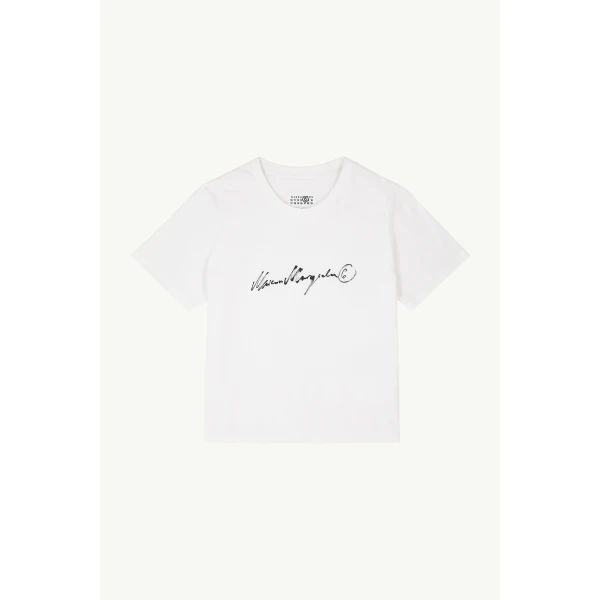 MM6 Maison Margiela Overdyed Handwritten-Print T-Shirt in White | T-shirts | Coveti