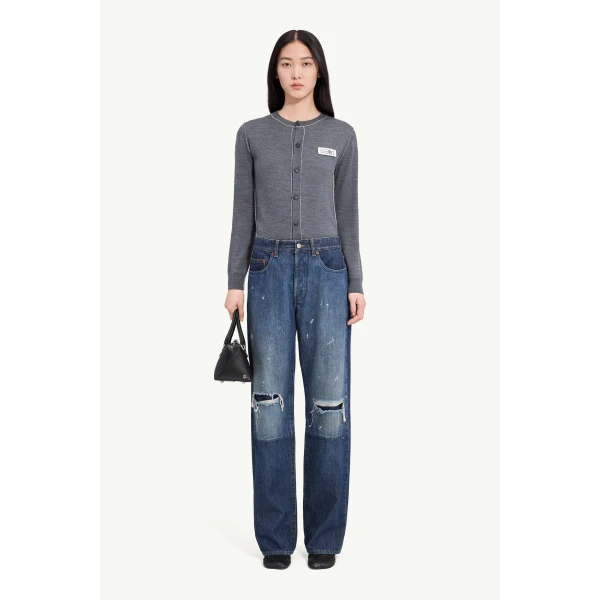 MM6 Maison Margiela Patchwork Barrel-Leg Jeans in Blue, view 2 | Denim | Coveti