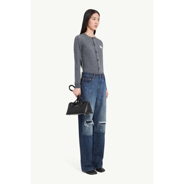 MM6 Maison Margiela Patchwork Barrel-Leg Jeans in Blue, view 3 | Denim | Coveti
