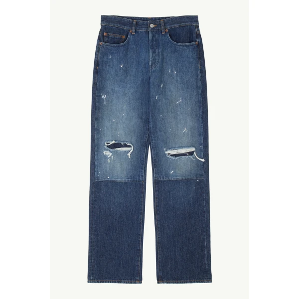 MM6 Maison Margiela Patchwork Barrel-Leg Jeans in Blue, view 6 | Denim | Coveti