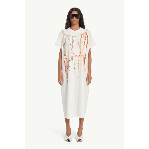 MM6 Maison Margiela Pearl Jersey Dress in White, view 2 | Maxi Dresses | Coveti