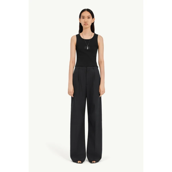 MM6 Maison Margiela Pinstripe Wool Wide-Leg Trousers in Black, view 2 | Wide leg pants | Coveti