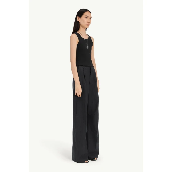 MM6 Maison Margiela Pinstripe Wool Wide-Leg Trousers in Black, view 3 | Wide leg pants | Coveti