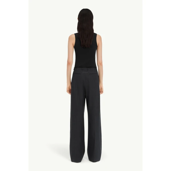 MM6 Maison Margiela Pinstripe Wool Wide-Leg Trousers in Black, view 4 | Wide leg pants | Coveti