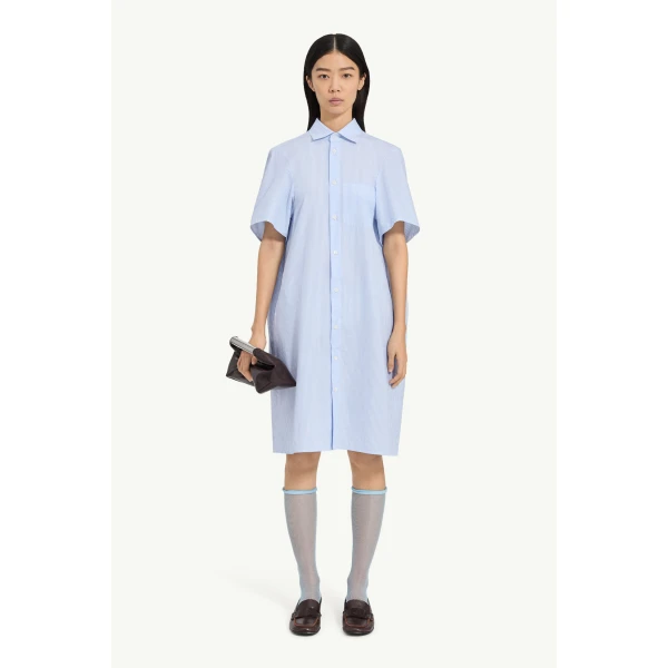 MM6 Maison Margiela Poplin Shirt Dress in White and Light Blue, view 2 | Shirtdress | Coveti