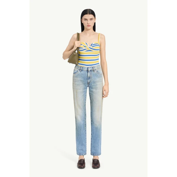 MM6 Maison Margiela Printed-Line Straight-Leg Jeans in Blue, view 2 | Denim | Coveti
