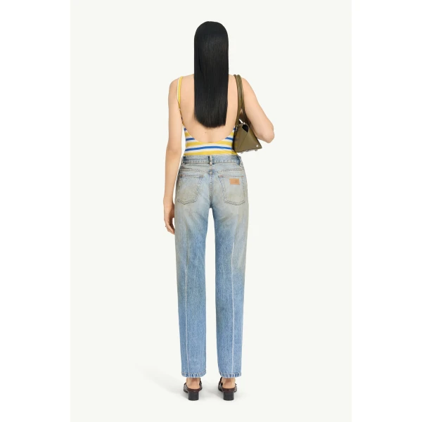 MM6 Maison Margiela Printed-Line Straight-Leg Jeans in Blue, view 4 | Denim | Coveti