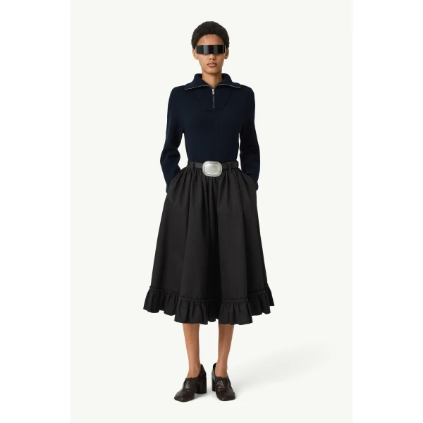MM6 Maison Margiela Quilted Lining Gathered Skirt in Black, view 2 | Midi Skirts | Coveti