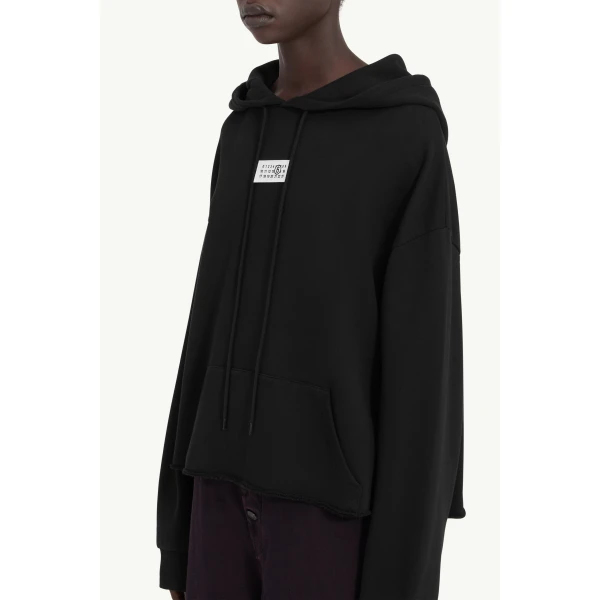 MM6 Maison Margiela Raw-Edge Boxy Hooded Sweatshirt in Black, view 5 | Hoodies | Coveti