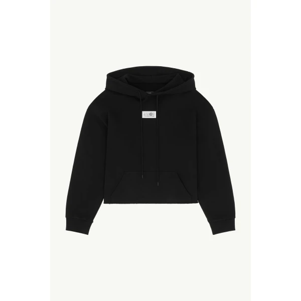 MM6 Maison Margiela Raw-Edge Boxy Hooded Sweatshirt in Black, view 6 | Hoodies | Coveti