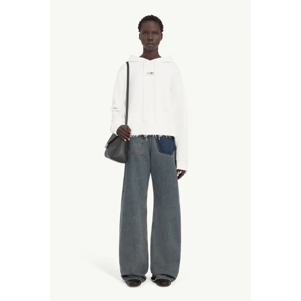 MM6 Maison Margiela Raw-Edge Boxy Hooded Sweatshirt in White, view 2 | Hoodies | Coveti