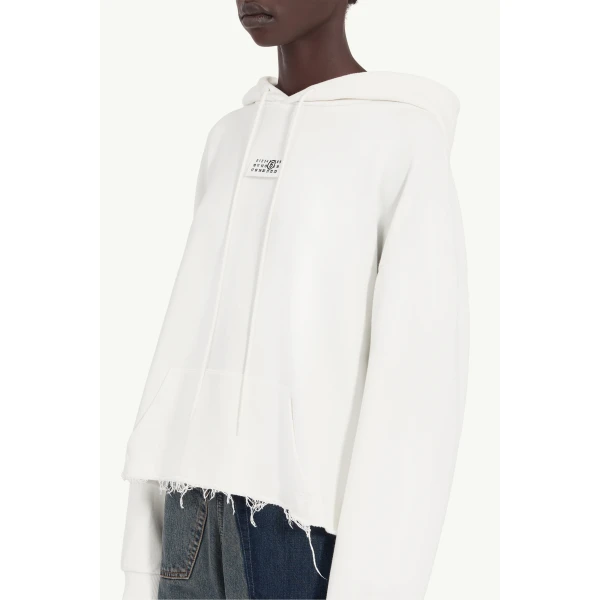 MM6 Maison Margiela Raw-Edge Boxy Hooded Sweatshirt in White, view 5 | Hoodies | Coveti