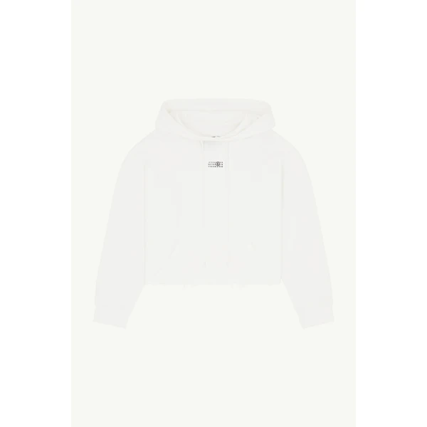 MM6 Maison Margiela Raw-Edge Boxy Hooded Sweatshirt in White, view 6 | Hoodies | Coveti