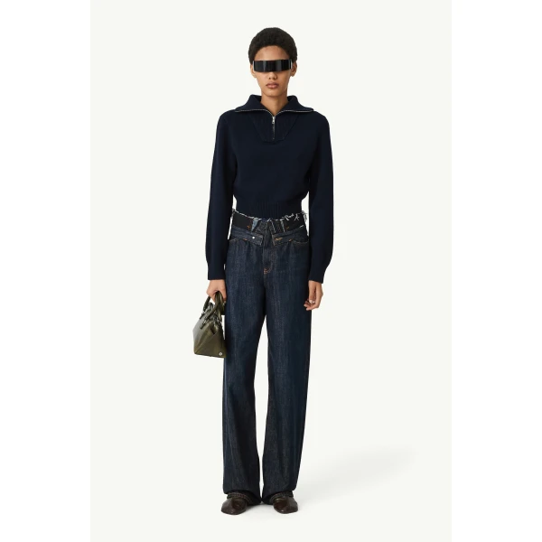 MM6 Maison Margiela Raw Edge Waist Denim Jeans in Dark Blue, view 2 | Denim | Coveti