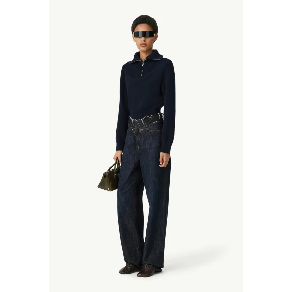 MM6 Maison Margiela Raw Edge Waist Denim Jeans in Dark Blue, view 3 | Denim | Coveti