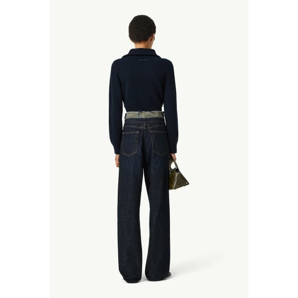 MM6 Maison Margiela Raw Edge Waist Denim Jeans in Dark Blue, view 4 | Denim | Coveti