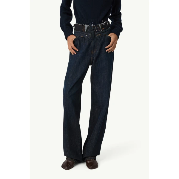 MM6 Maison Margiela Raw Edge Waist Denim Jeans in Dark Blue, view 5 | Denim | Coveti