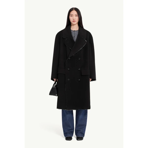 MM6 Maison Margiela Raw-Edge Wool Coat in Black, view 2 | Wool Coat | Coveti