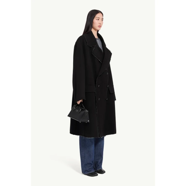 MM6 Maison Margiela Raw-Edge Wool Coat in Black, view 3 | Wool Coat | Coveti