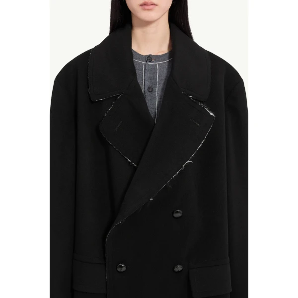 MM6 Maison Margiela Raw-Edge Wool Coat in Black, view 5 | Wool Coat | Coveti