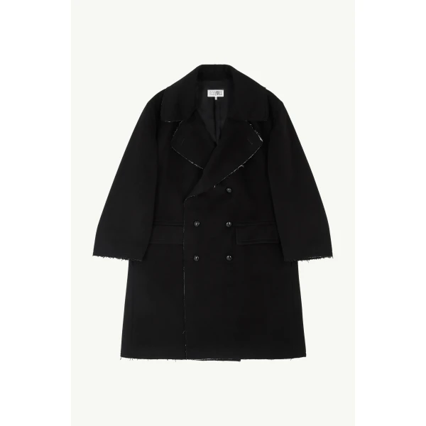 MM6 Maison Margiela Raw-Edge Wool Coat in Black, view 6 | Wool Coat | Coveti