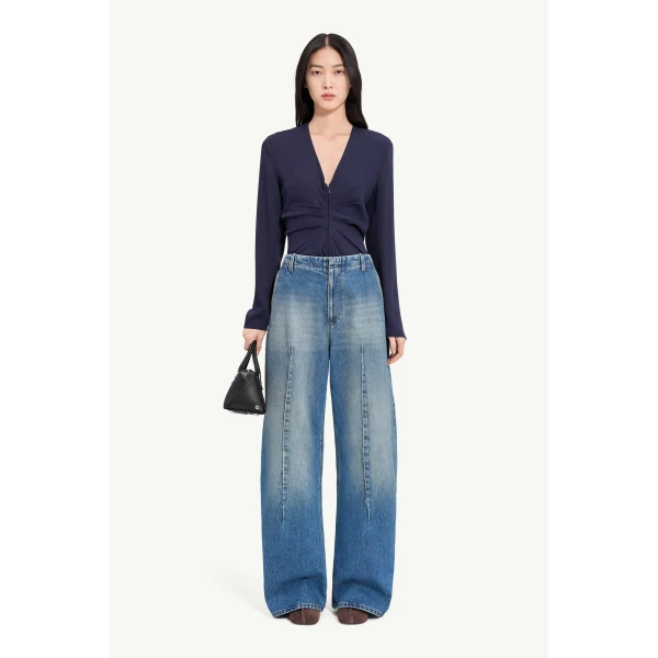 MM6 Maison Margiela Raw-Seam Barrel-Leg Jeans in Blue, view 2 | Denim | Coveti