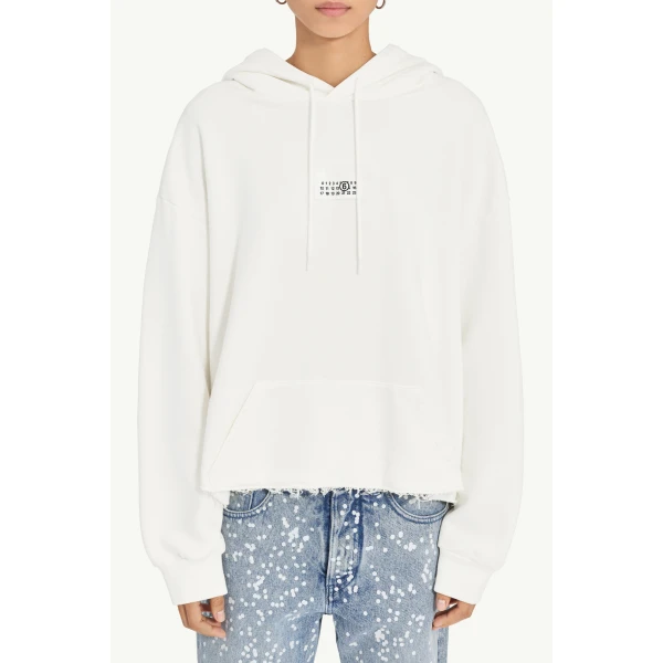 MM6 Maison Margiela Relaxed Hooded Sweatshirt in White, view 5 | Hoodies | Coveti
