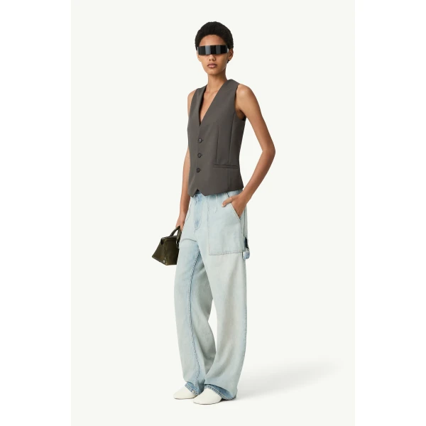 MM6 Maison Margiela Replaced Back Twill Pinstripe Gilet in Grey, view 3 | Vests | Coveti