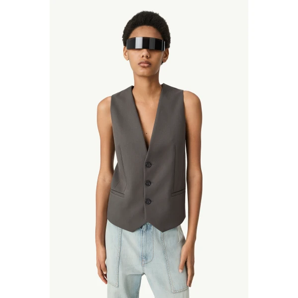 MM6 Maison Margiela Replaced Back Twill Pinstripe Gilet in Grey, view 5 | Vests | Coveti