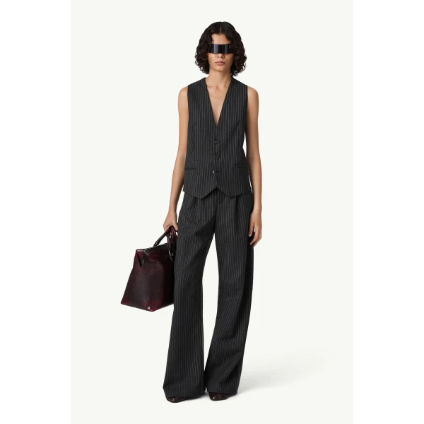 MM6 Maison Margiela Replaced Back Wool Pinstripe Gilet in Grey, view 2 | Vests | Coveti