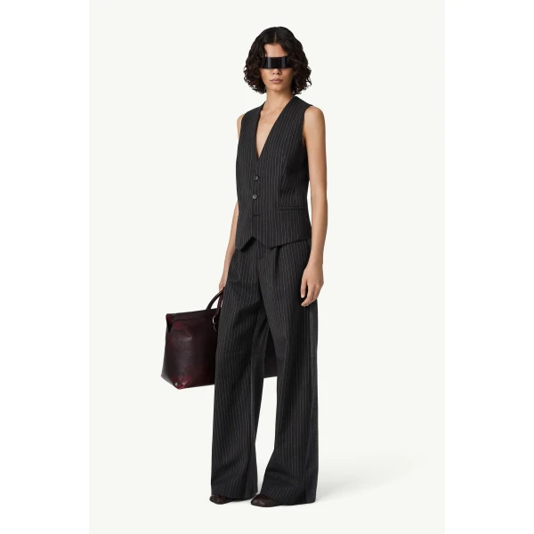 MM6 Maison Margiela Replaced Back Wool Pinstripe Gilet in Grey, view 3 | Vests | Coveti