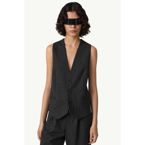 MM6 Maison Margiela Replaced Back Wool Pinstripe Gilet in Grey, view 5 | Vests | Coveti
