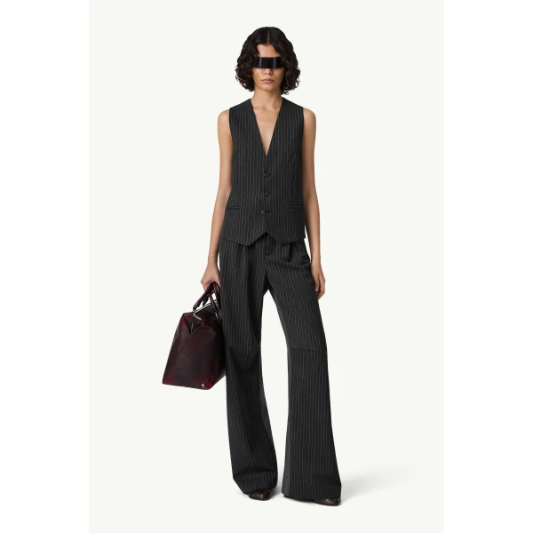 MM6 Maison Margiela Replaced Back Wool Pinstripe Gilet in Grey, view 6 | Vests | Coveti