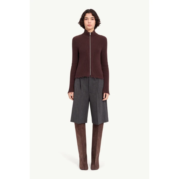 MM6 Maison Margiela Ribbed Cotton Zip Cardigan in Bitter Chocolate, view 2 | Cardigan | Coveti