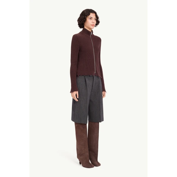MM6 Maison Margiela Ribbed Cotton Zip Cardigan in Bitter Chocolate, view 3 | Cardigan | Coveti
