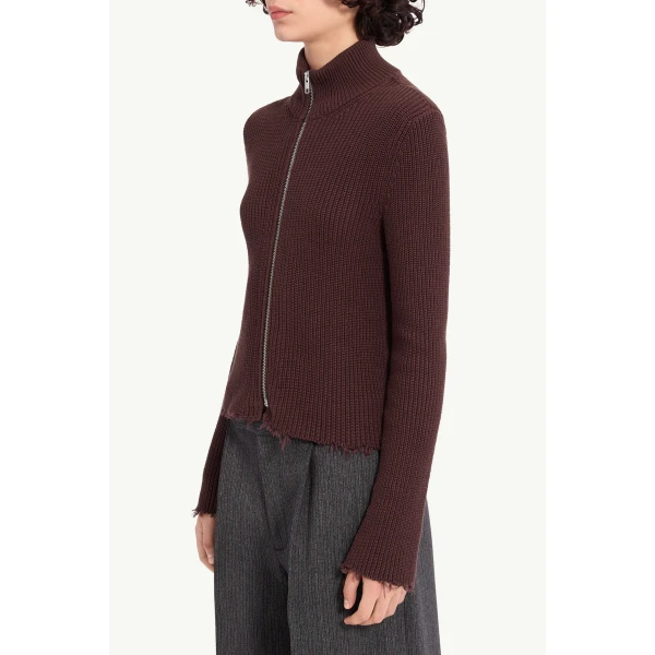 MM6 Maison Margiela Ribbed Cotton Zip Cardigan in Bitter Chocolate, view 5 | Cardigan | Coveti
