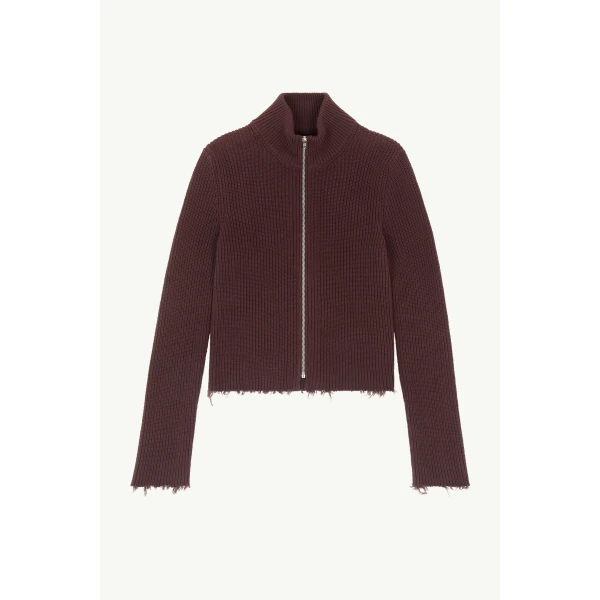 MM6 Maison Margiela Ribbed Cotton Zip Cardigan in Bitter Chocolate, view 6 | Cardigan | Coveti