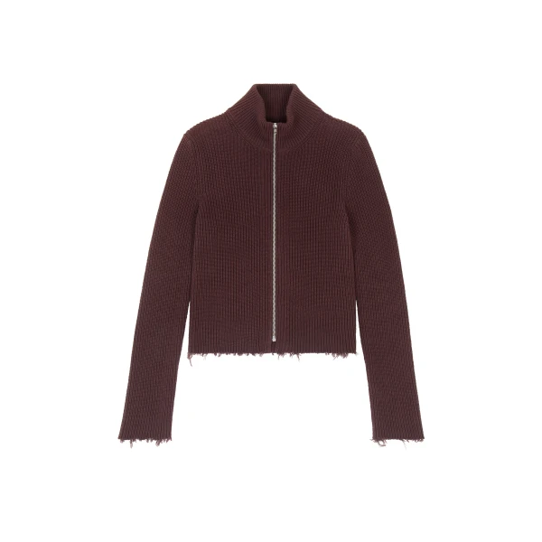 MM6 Maison Margiela Ribbed Cotton Zip Cardigan in Bitter Chocolate | Cardigan | Coveti
