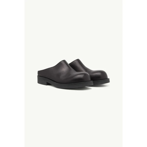 MM6 Maison Margiela Round-Toe Leather Biker Mules in Black, view 3 | Mules | Coveti
