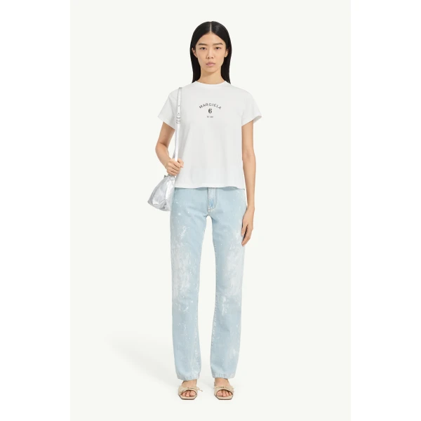 MM6 Maison Margiela Signature Jersey T-Shirt in White, view 2 | T-shirts | Coveti