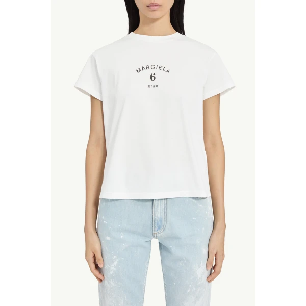 MM6 Maison Margiela Signature Jersey T-Shirt in White, view 5 | T-shirts | Coveti