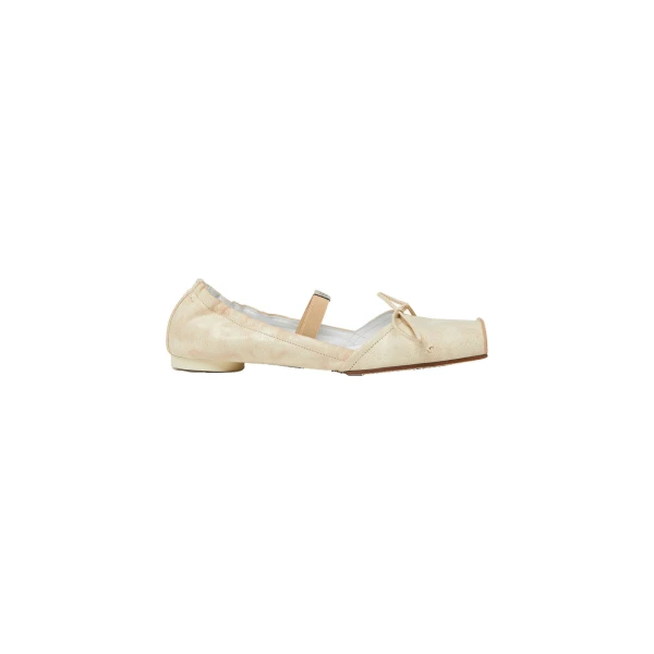 Square-Toe Leather Ballerina Shoes in Beige