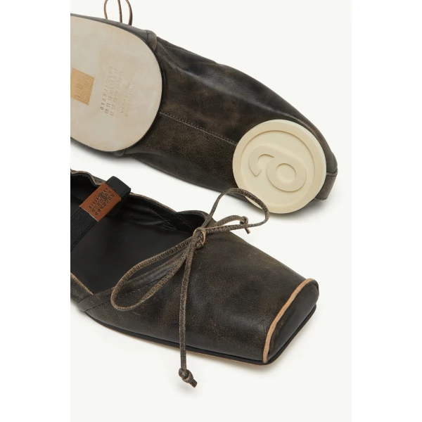 MM6 Maison Margiela Square-Toe Leather Ballerina Shoes in Doe Brown, view 6 | Flats | Coveti