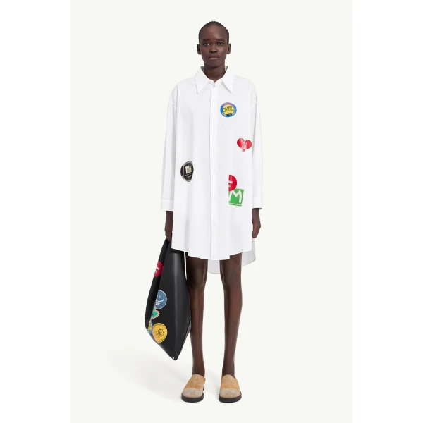 MM6 Maison Margiela Sticker-Print Cotton Poplin Dress in White, view 2 | Midi Dresses | Coveti